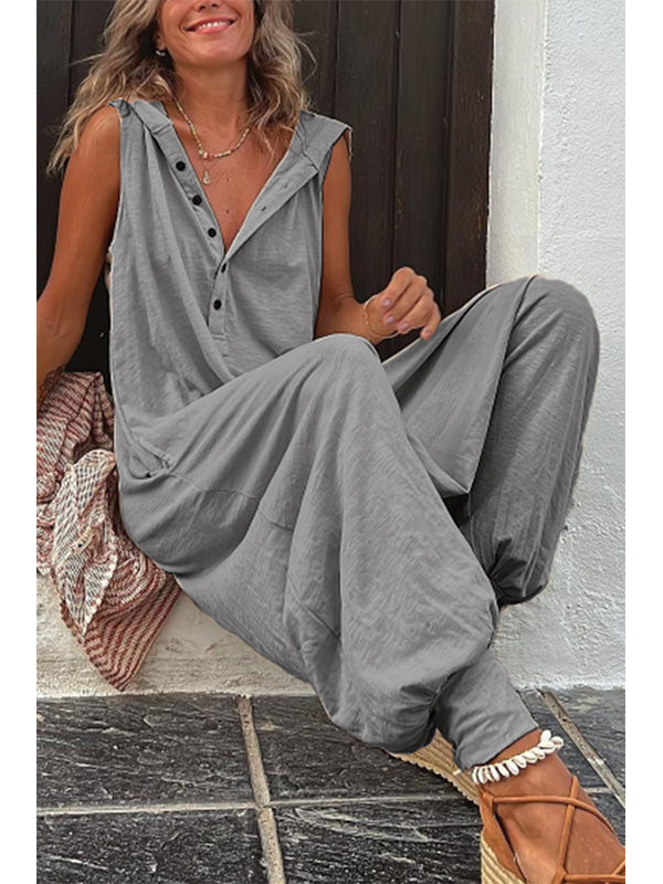Gardaly Half-Placket Hooded Sleeveless Jumpsuit
