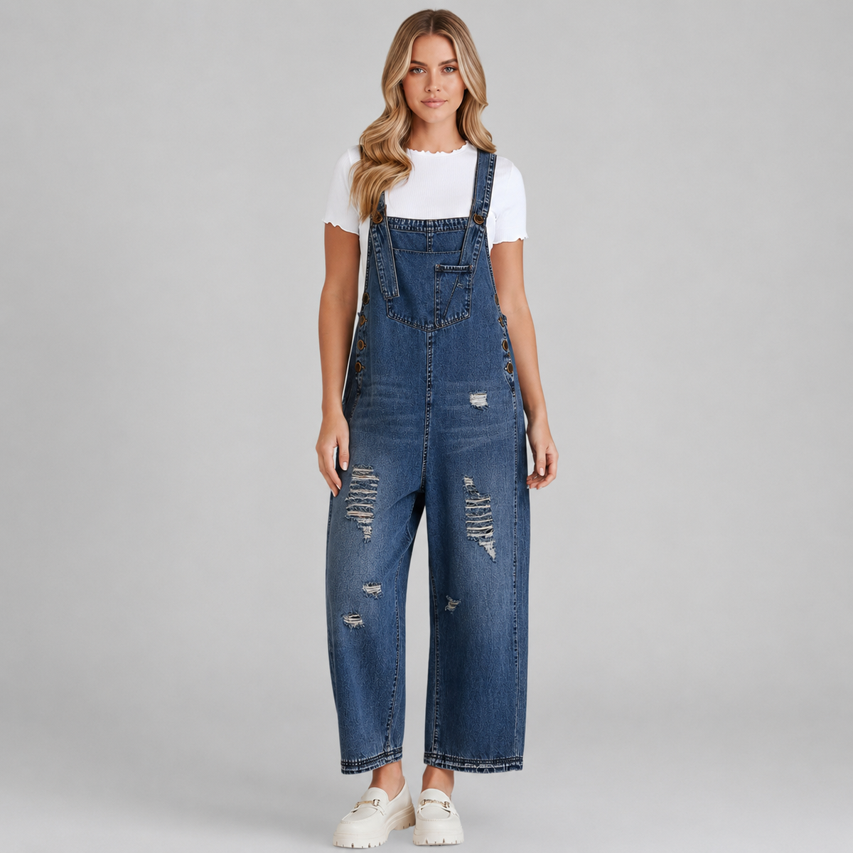 Gardaly Loosened Distressed Denim Overalls
