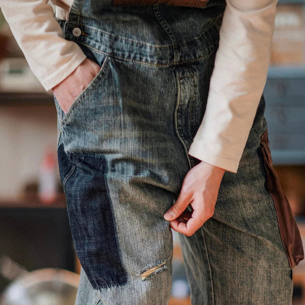 Gardaly Contrast-Panel Denim Overalls