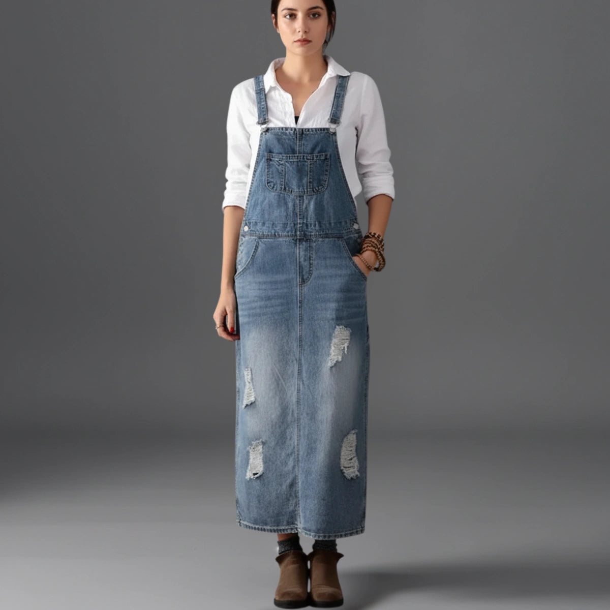 Gardaly Distressed Denim Pinafore with Back Split