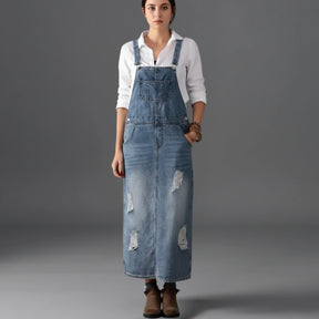 Gardaly Distressed Denim Pinafore with Back Split