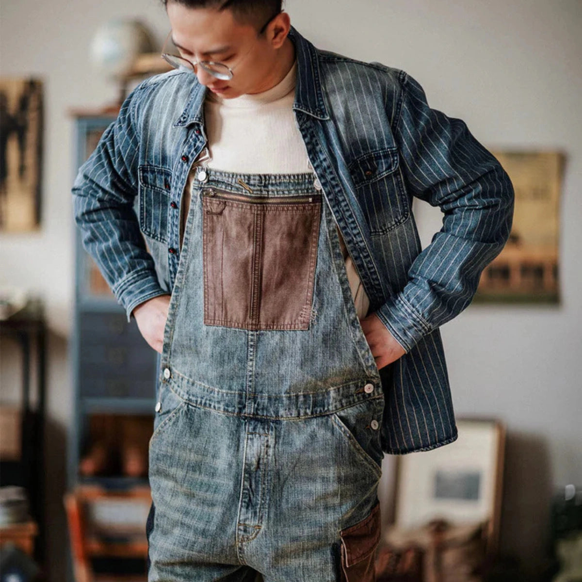 Gardaly Contrast-Panel Denim Overalls