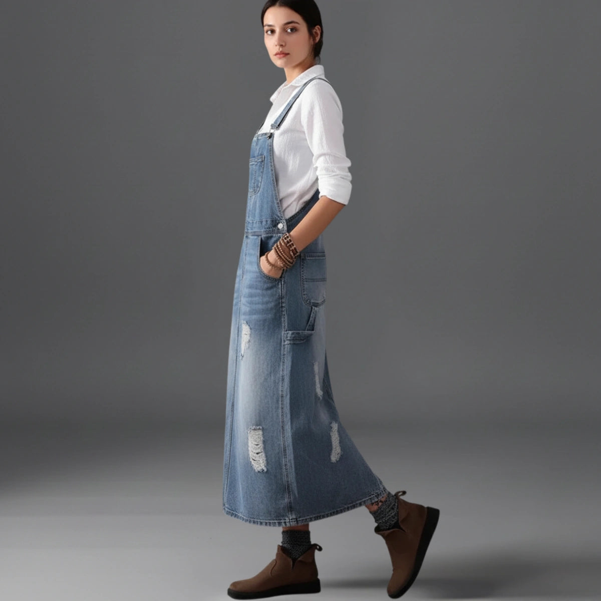 Gardaly Distressed Denim Pinafore with Back Split