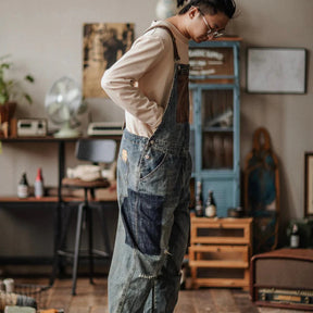 Gardaly Contrast-Panel Denim Overalls