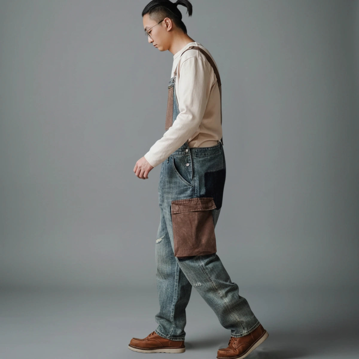 Gardaly Contrast-Panel Denim Overalls