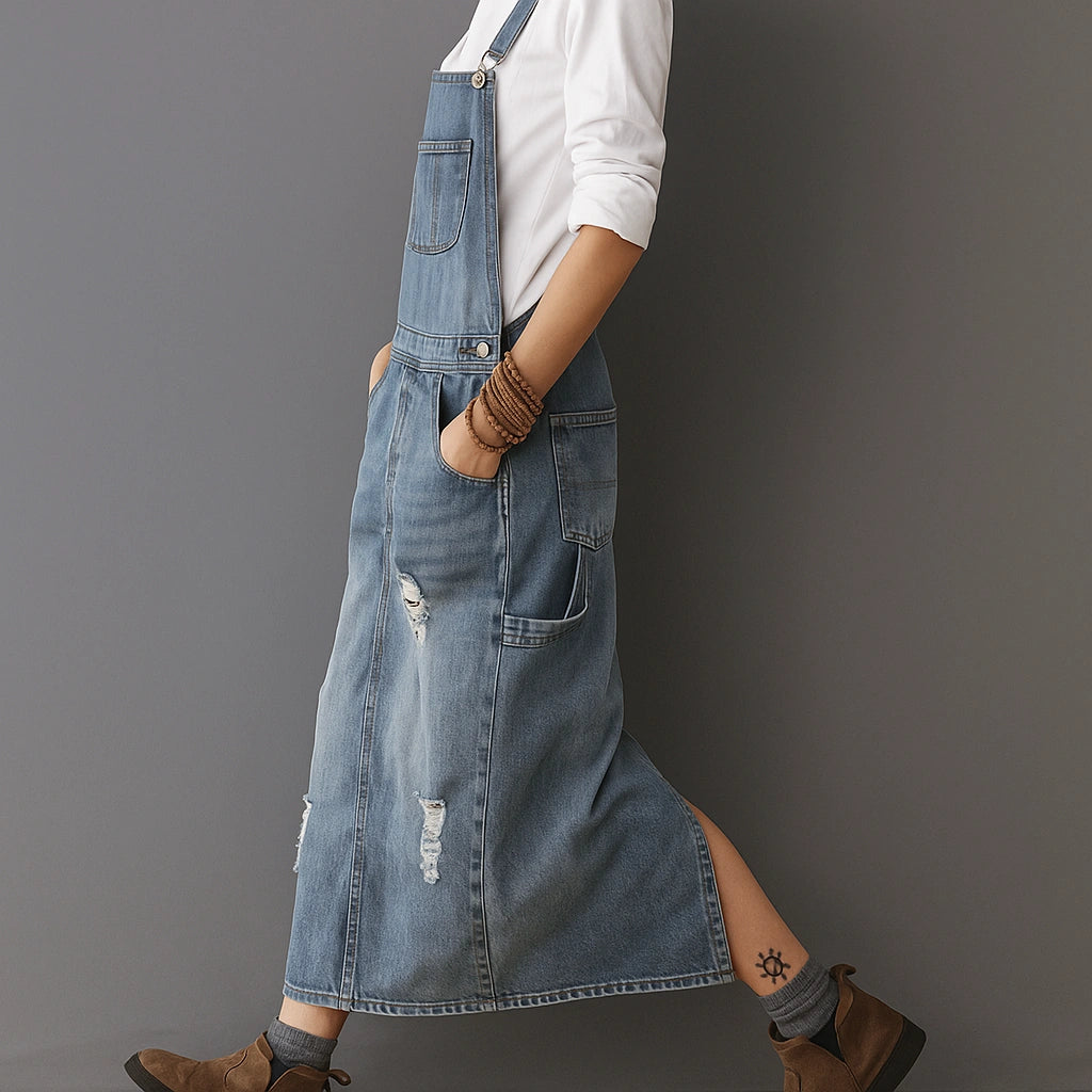 Gardaly Distressed Denim Pinafore with Back Split