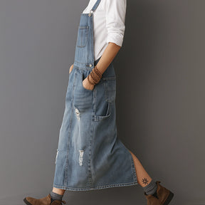 Gardaly Distressed Denim Pinafore with Back Split