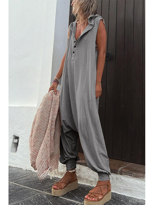 Gardaly Half-Placket Hooded Sleeveless Jumpsuit
