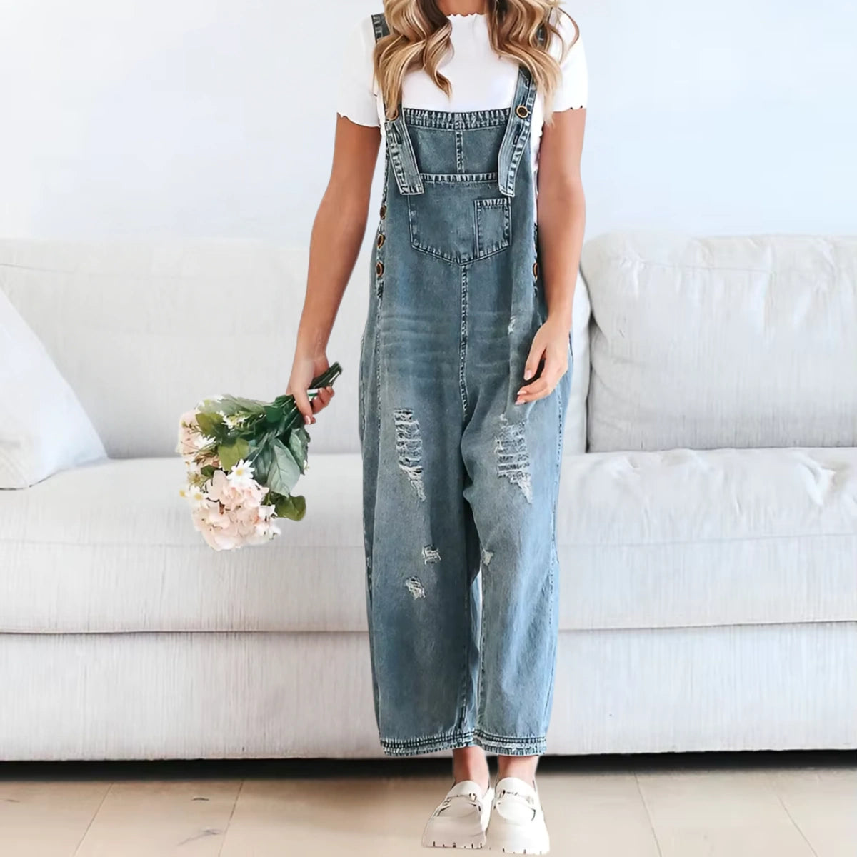 Gardaly Loosened Distressed Denim Overalls