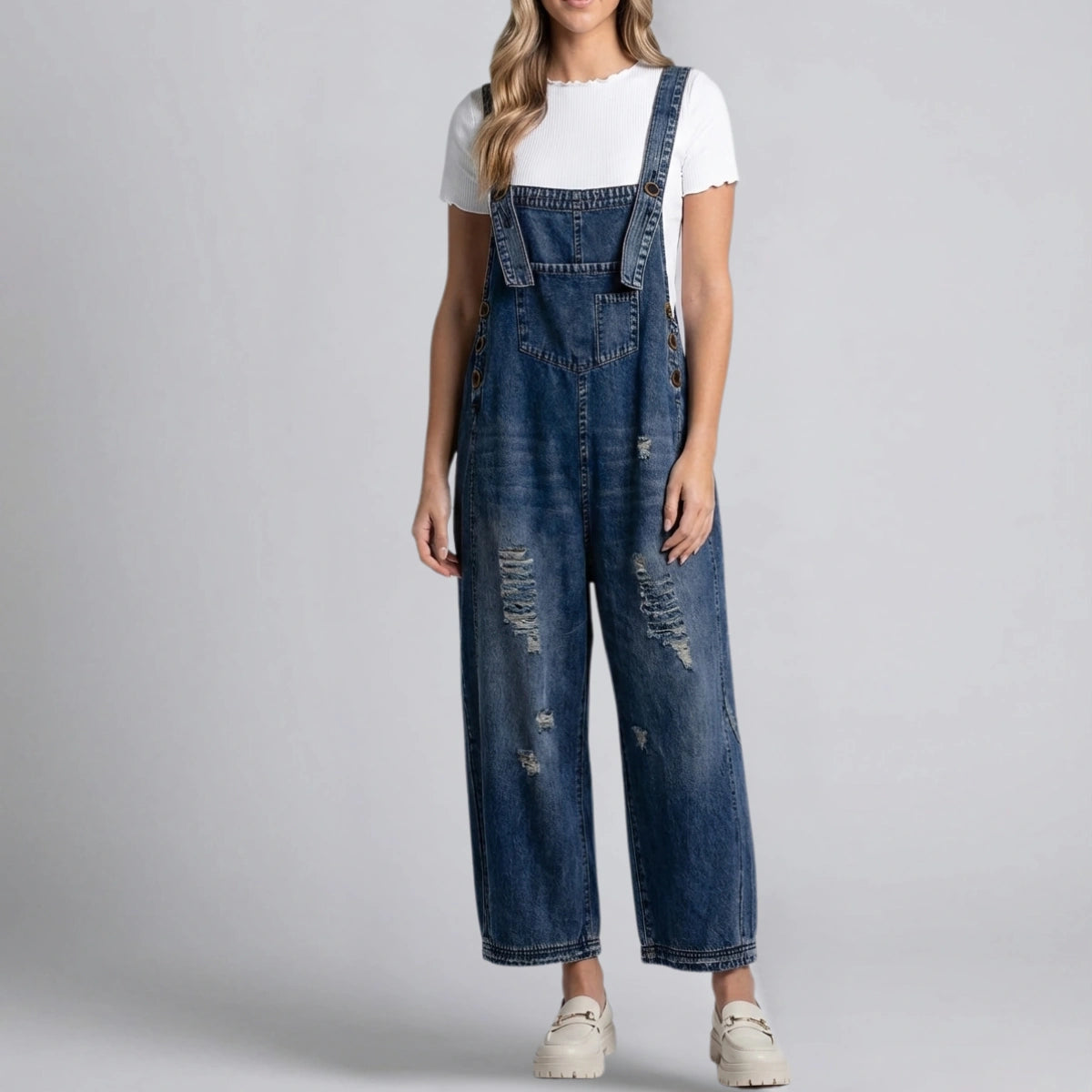 Gardaly Loosened Distressed Denim Overalls