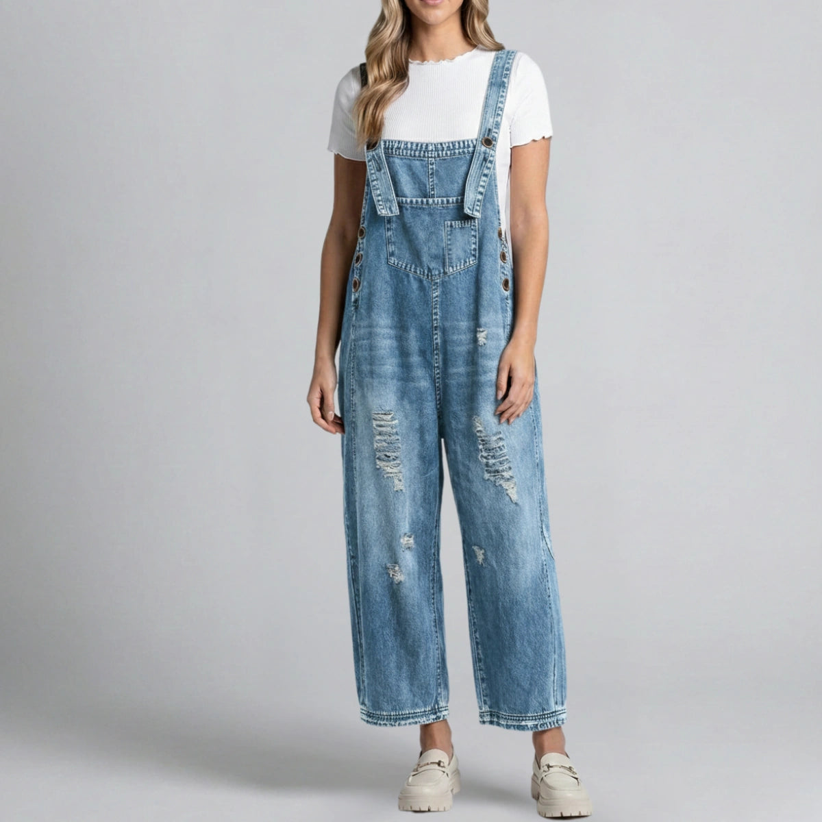 Gardaly Loosened Distressed Denim Overalls