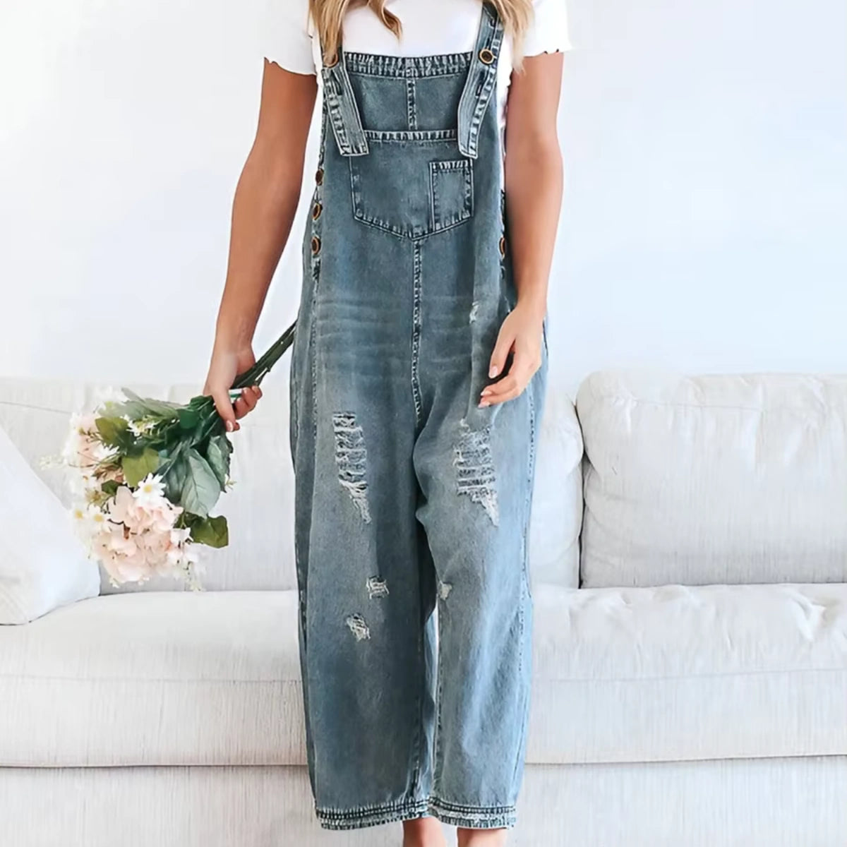 Gardaly Loosened Distressed Denim Overalls