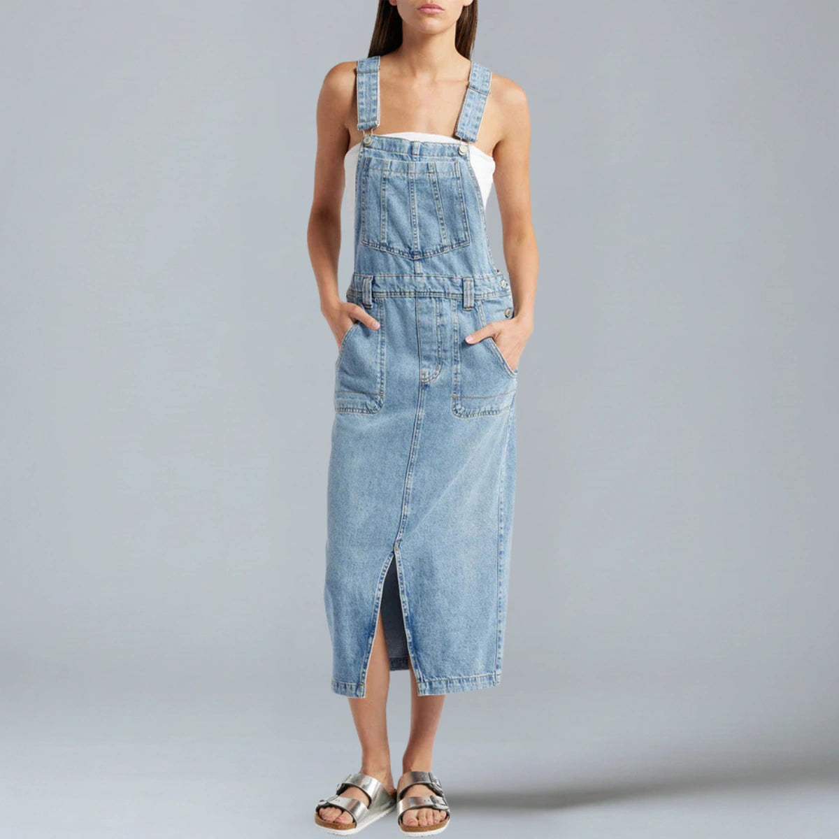 Gardaly Front-Split Denim Pinafore