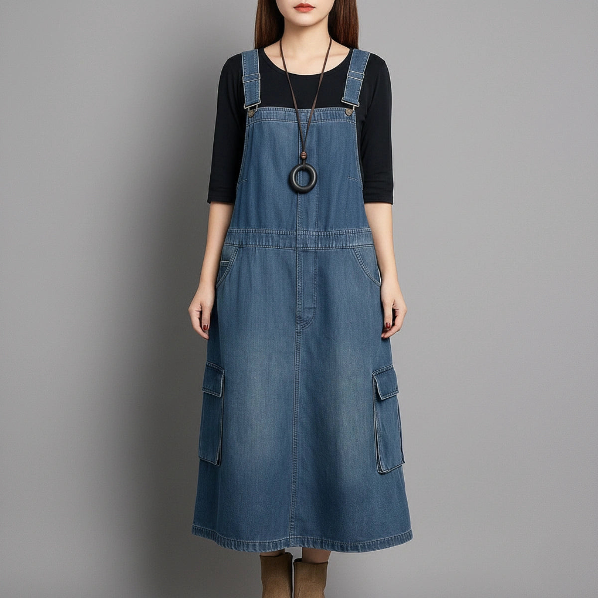 Gardaly Loosened Denim Pinafore Dress