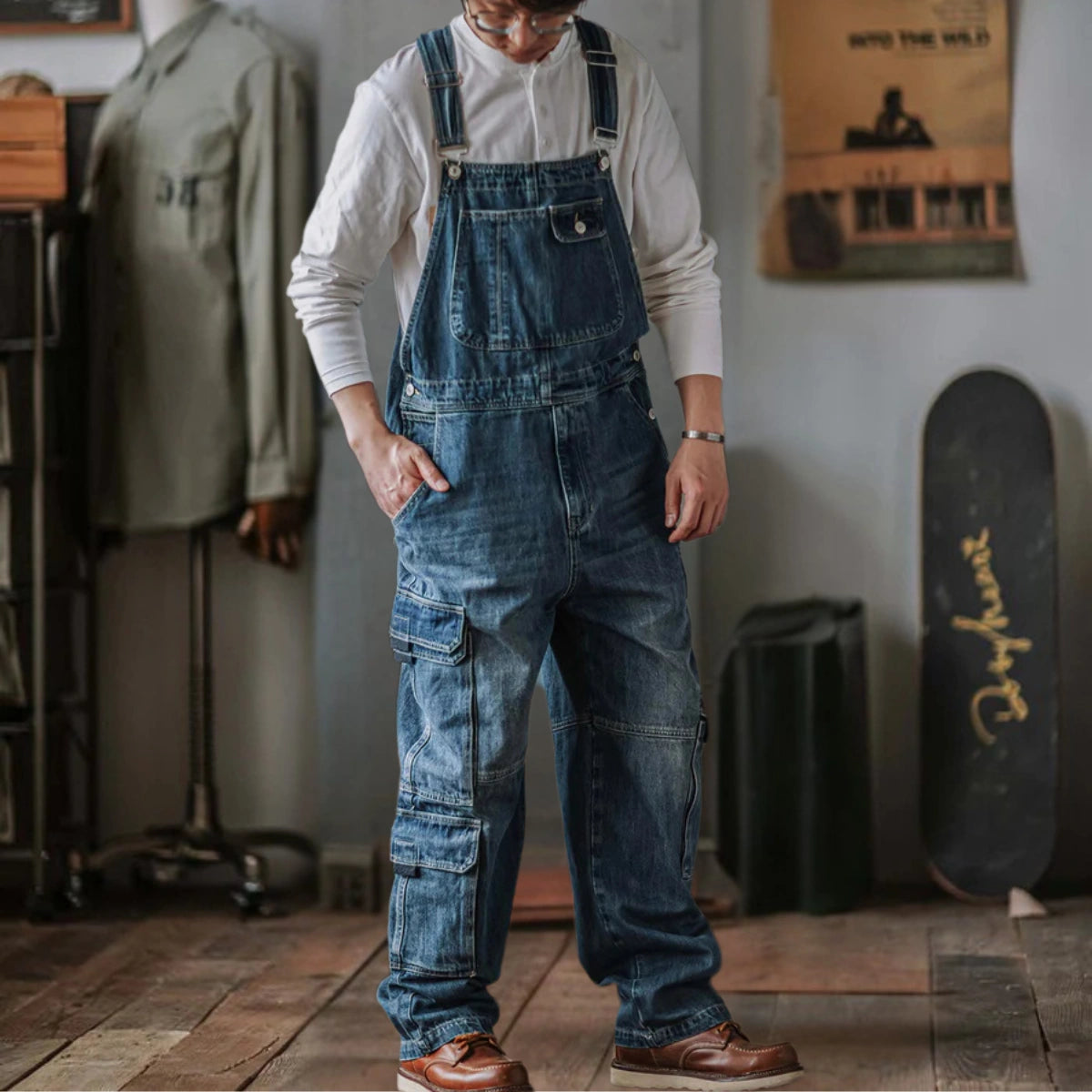 Gardaly Dual-Flap Denim Bib Overalls