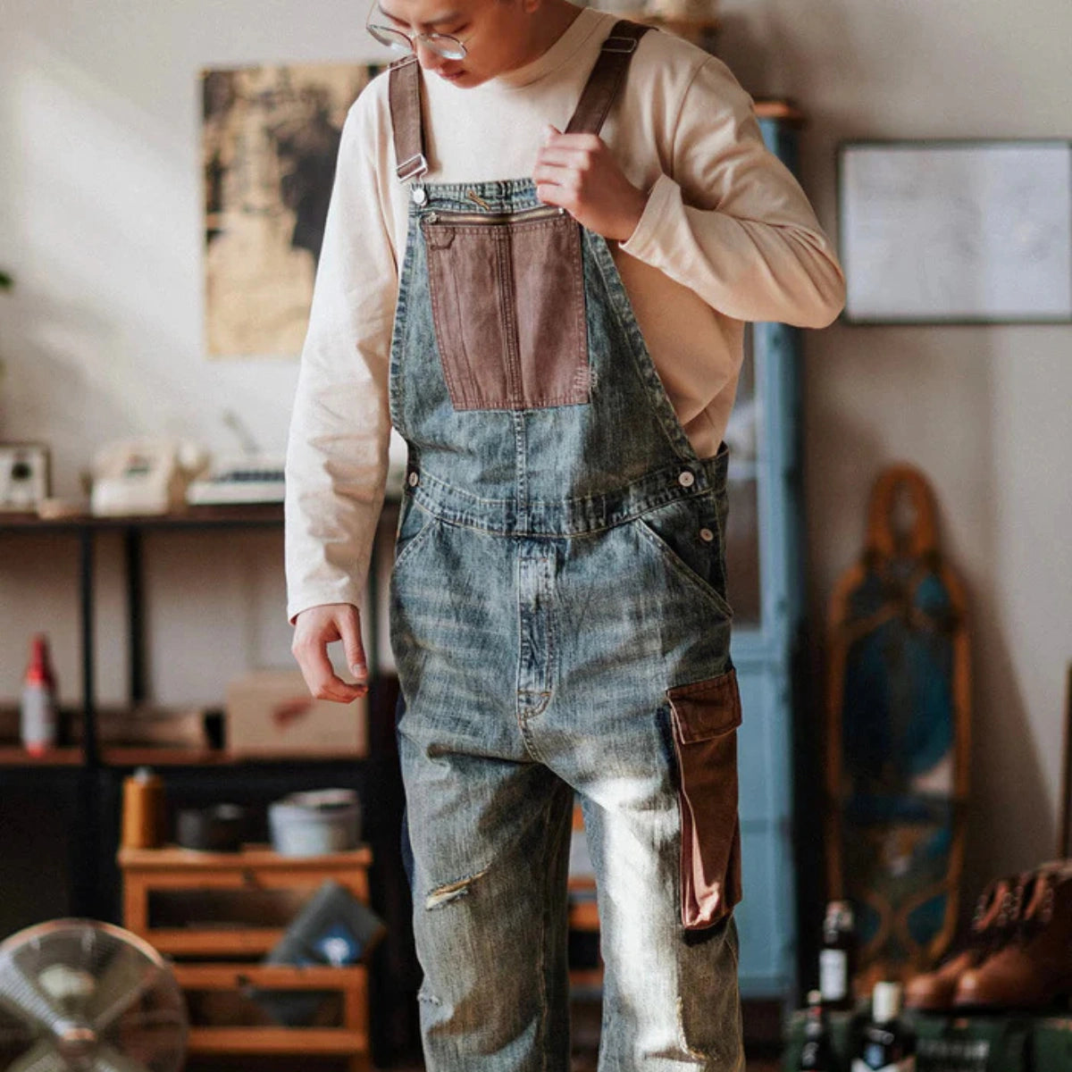 Gardaly Contrast-Panel Denim Overalls