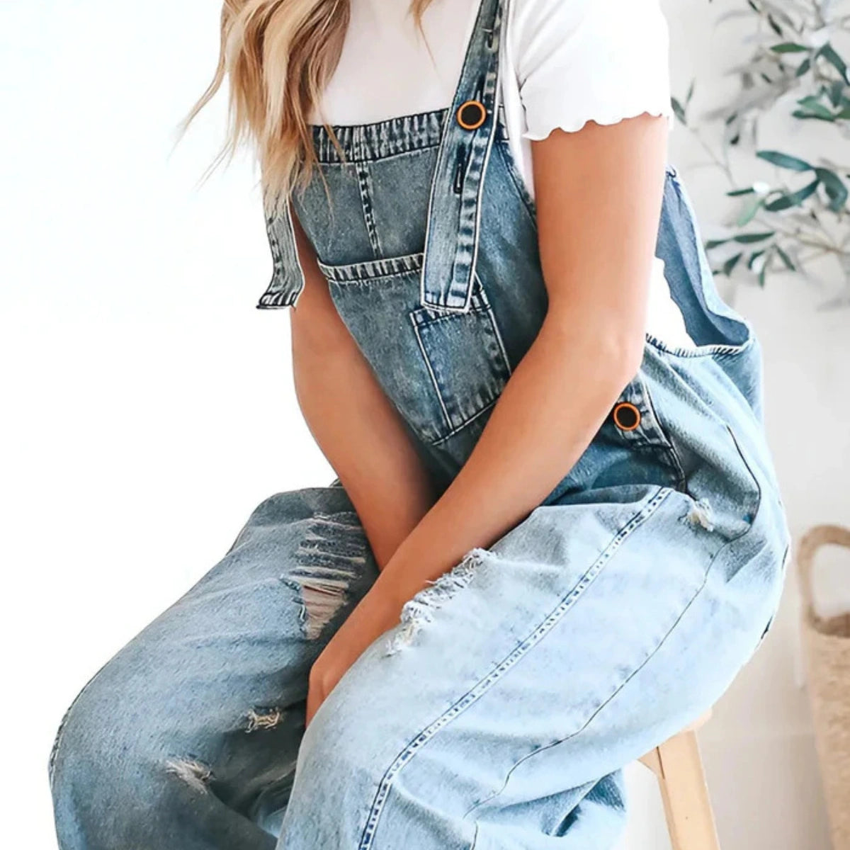 Gardaly Loosened Distressed Denim Overalls
