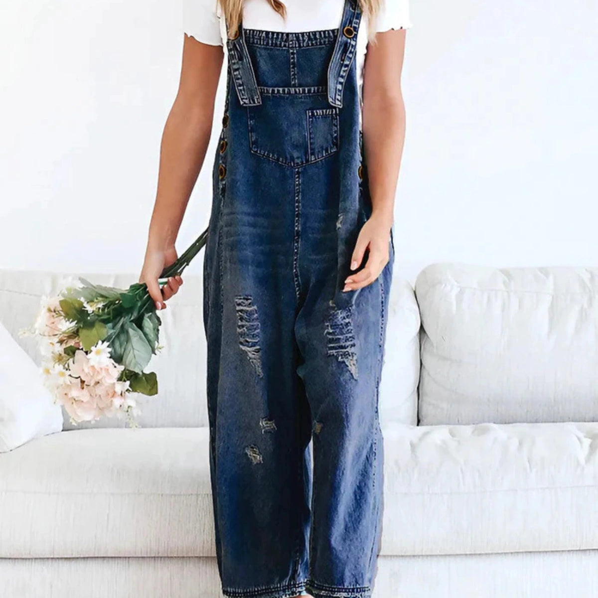 Gardaly Loosened Distressed Denim Overalls