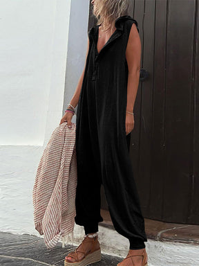 Gardaly Half-Placket Hooded Sleeveless Jumpsuit