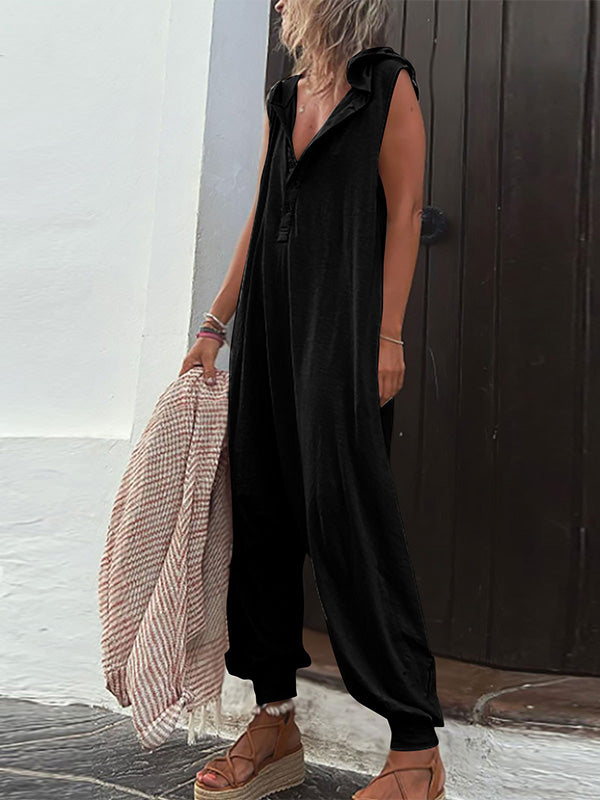 Gardaly Half-Placket Hooded Sleeveless Jumpsuit