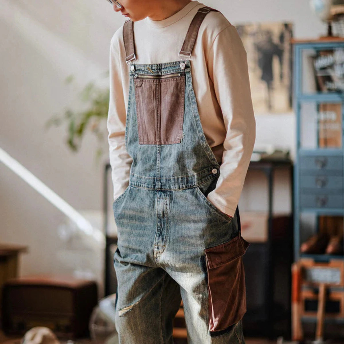 Gardaly Contrast-Panel Denim Overalls