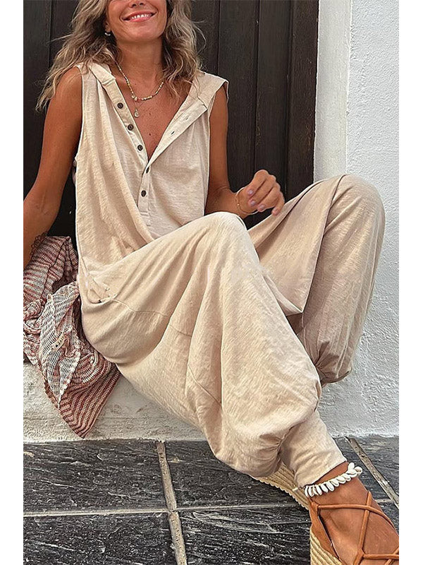 Gardaly Half-Placket Hooded Sleeveless Jumpsuit