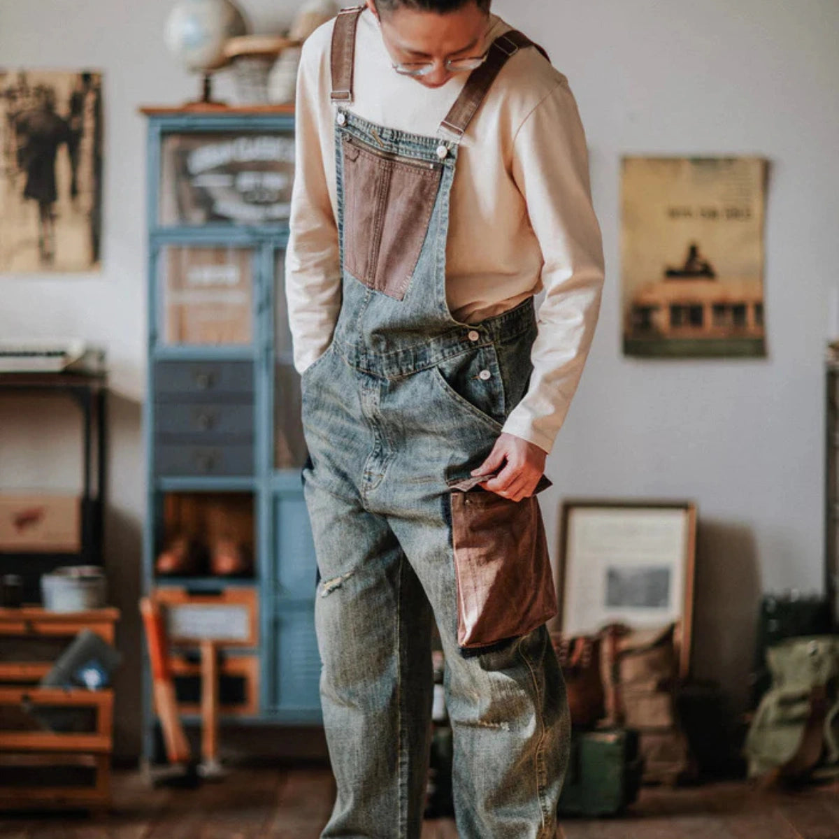 Gardaly Contrast-Panel Denim Overalls