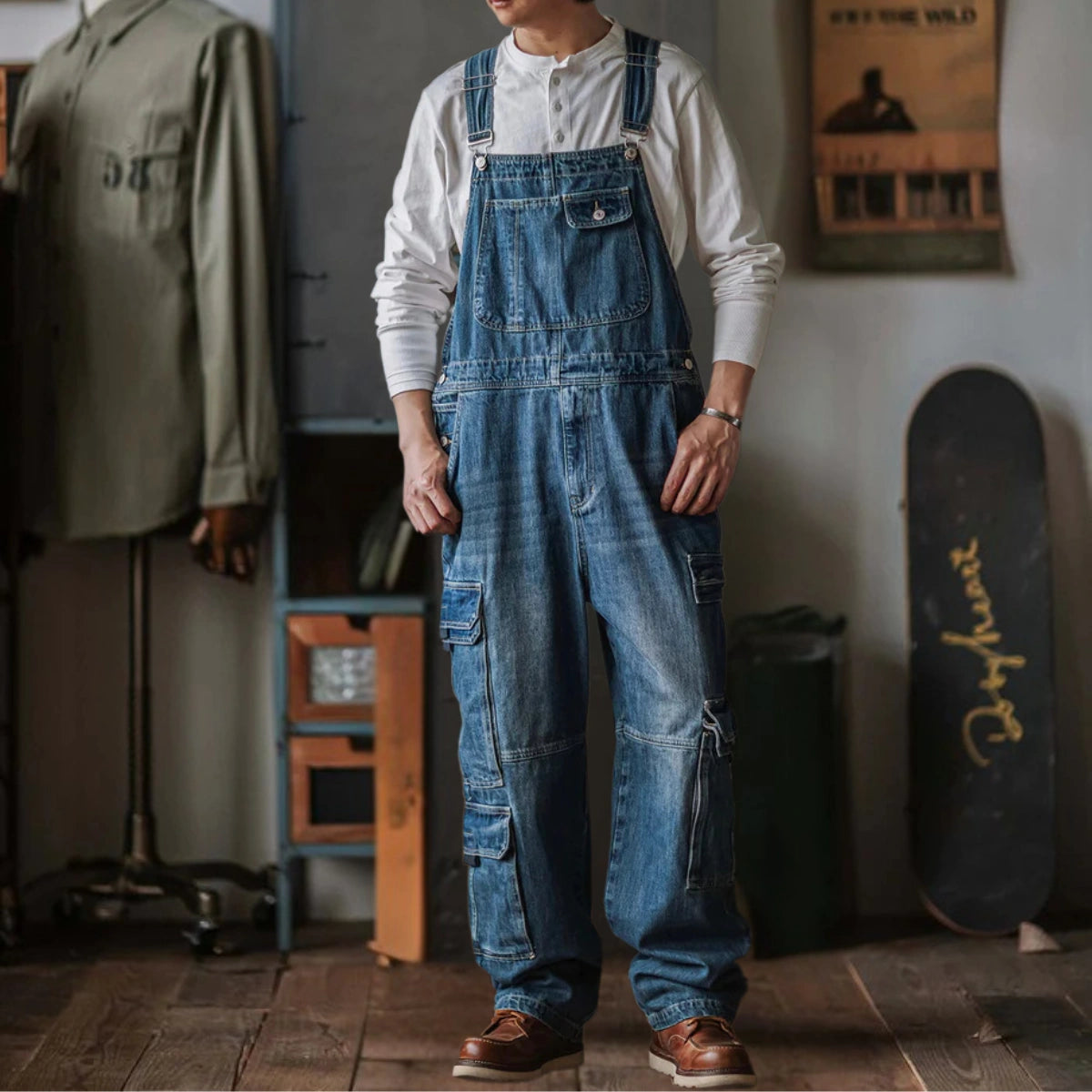 Gardaly Dual-Flap Denim Bib Overalls