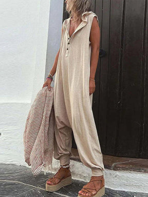Gardaly Half-Placket Hooded Sleeveless Jumpsuit
