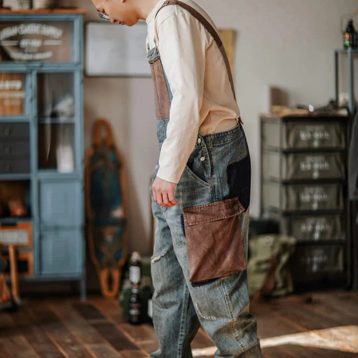 Gardaly Contrast-Panel Denim Overalls