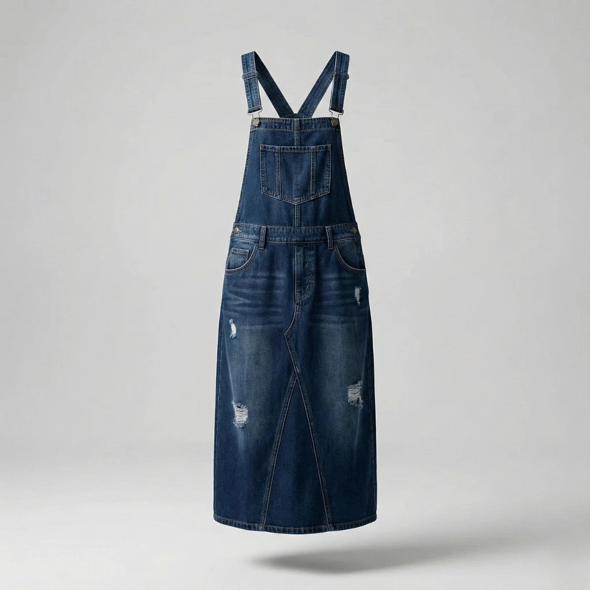 Gardaly Distressed Denim Pinafore with Back Split