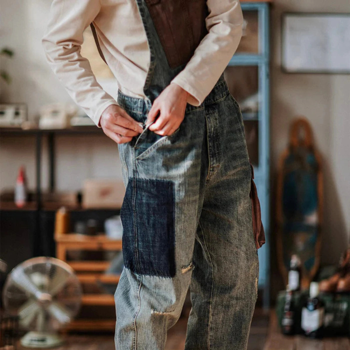 Gardaly Contrast-Panel Denim Overalls
