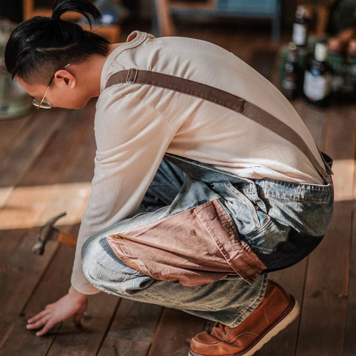 Gardaly Contrast-Panel Denim Overalls