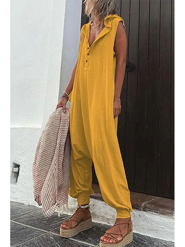 Gardaly Half-Placket Hooded Sleeveless Jumpsuit